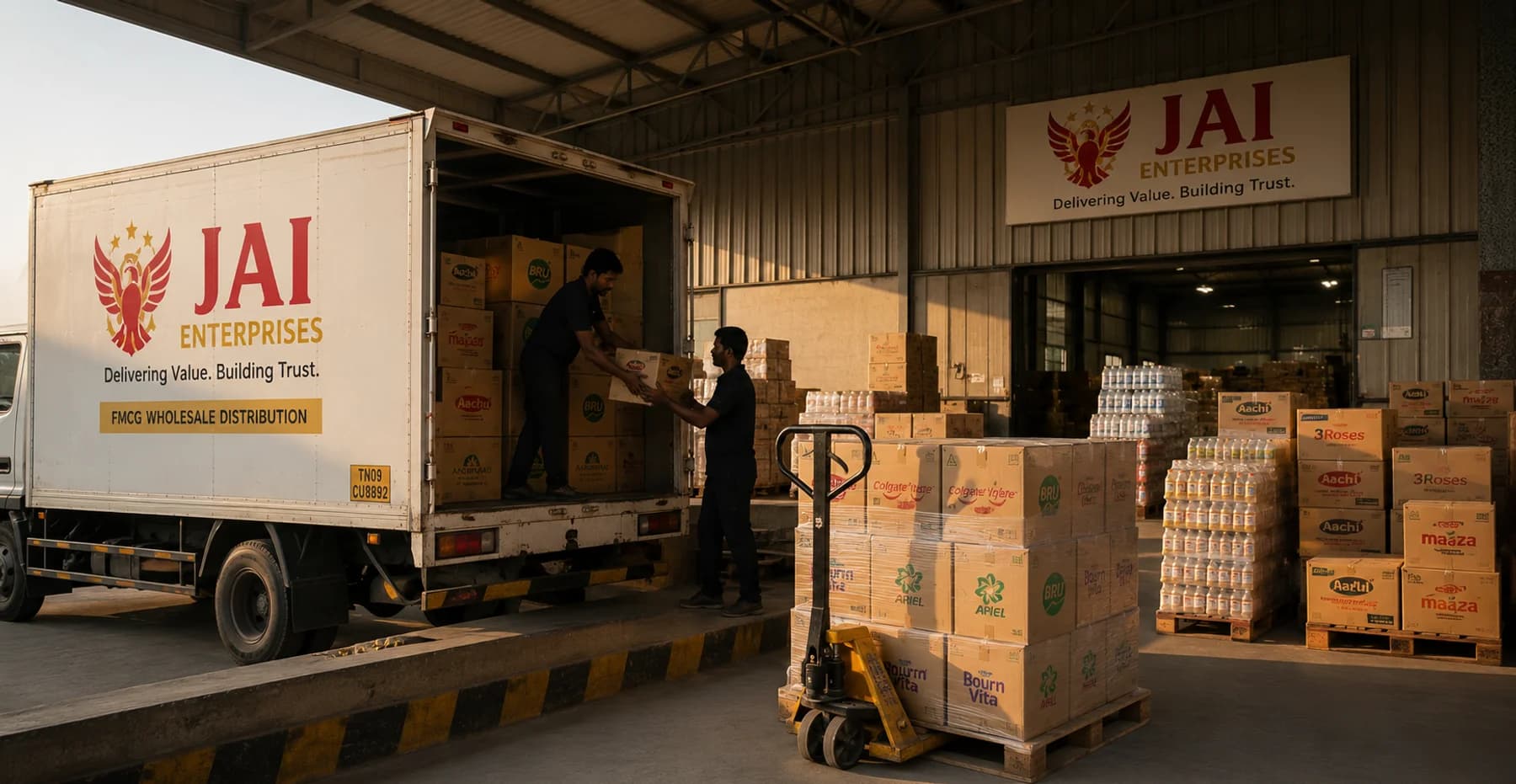 A Jai Enterprises delivery truck being loaded with FMCG stock at the Koyambedu warehouse dock