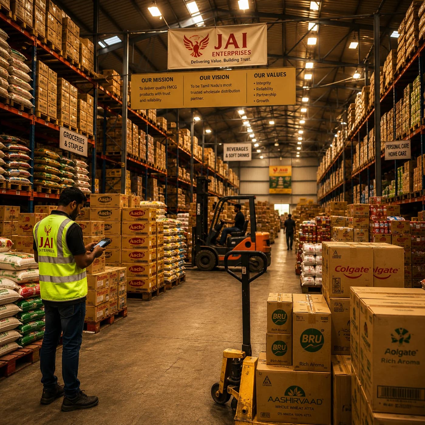 Inside the Jai Enterprises warehouse — organized racking, categorized FMCG stock, and active order picking