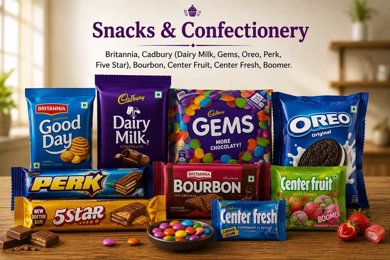 Snacks & Confectionery product range distributed by Jai Enterprises