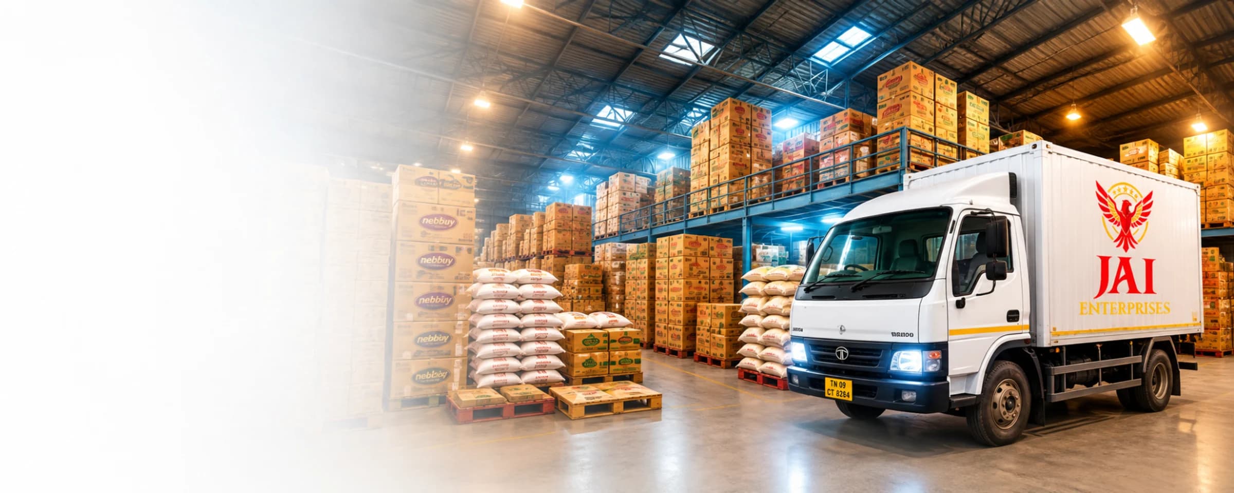 Jai Enterprises delivery truck loaded inside the Koyambedu distribution warehouse